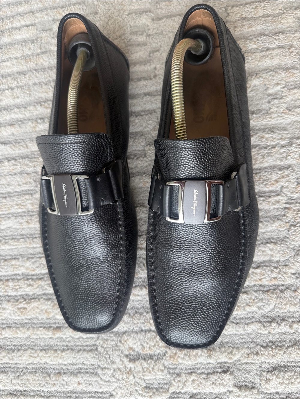 Salvatore Ferragamo Black Pebbled Leather Bit Loafers